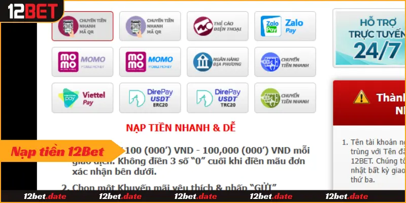 Hướng dẫn các bước nạp tiền 12bet